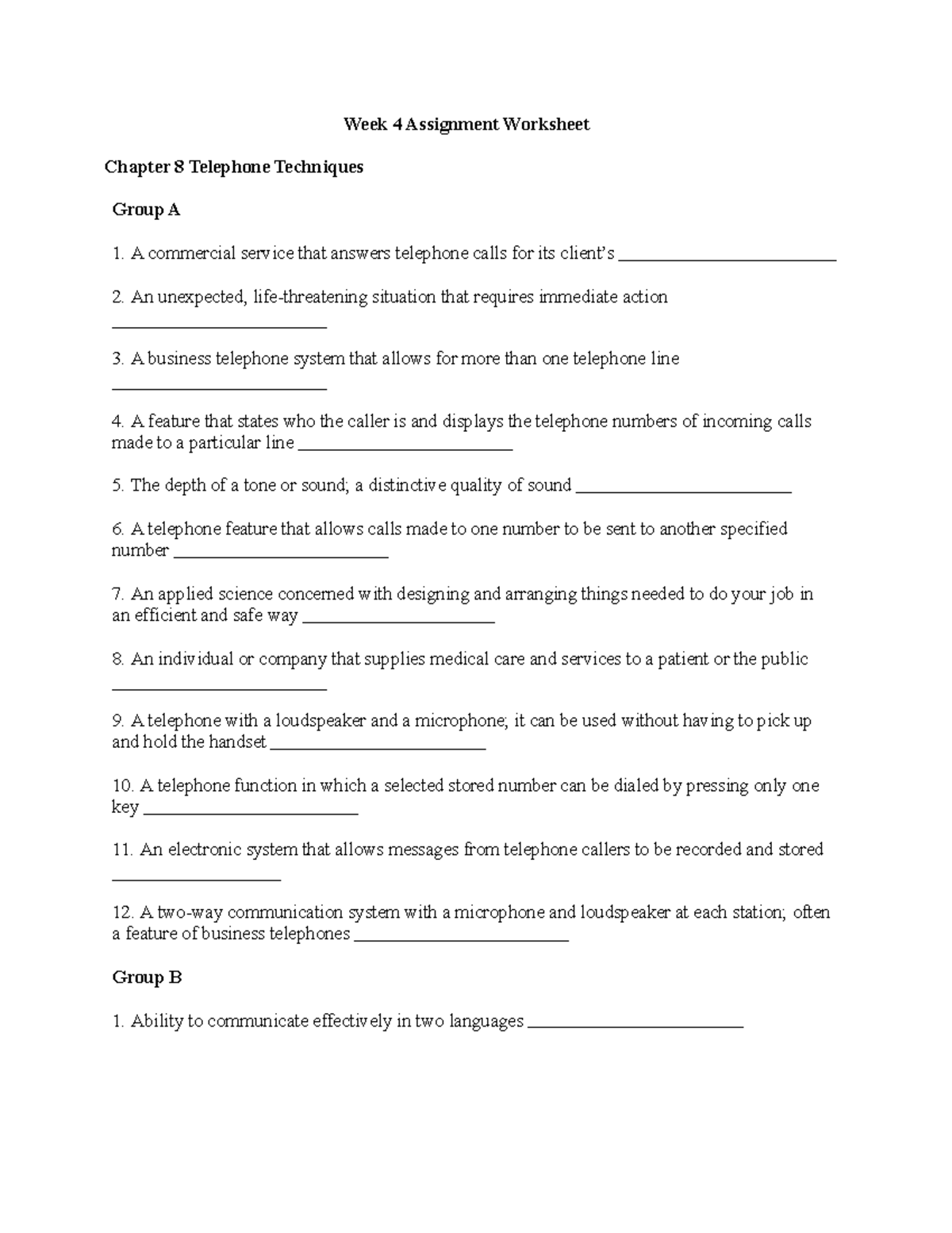 Week 4 Assignment Worksheet blank Week 4 Assignment Worksheet Chapter