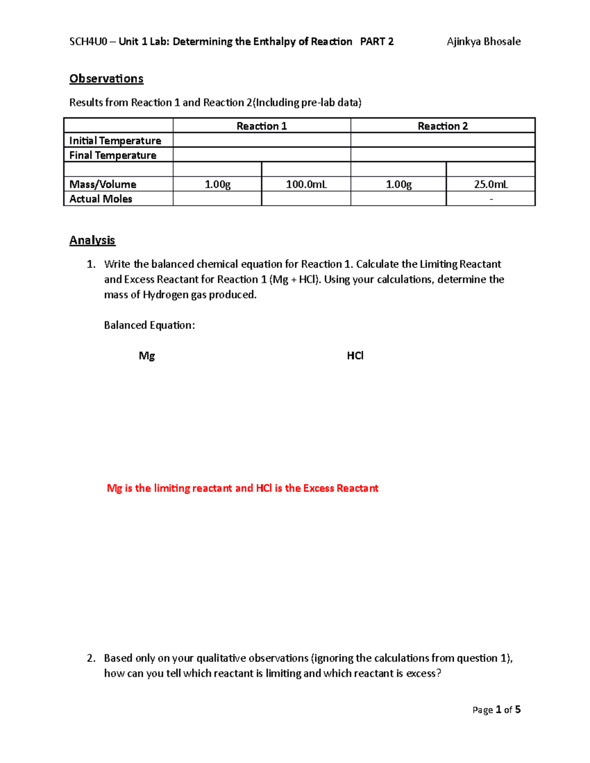 Unit 1 Lab - Enthalpy of Reaction - Observations Results from Reaction ...