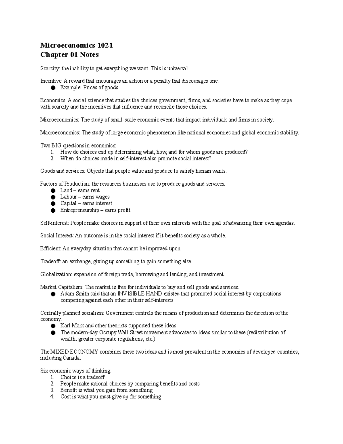 Chapter 1 - micro notes - Microeconomics 1021 Chapter 01 Notes Scarcity ...