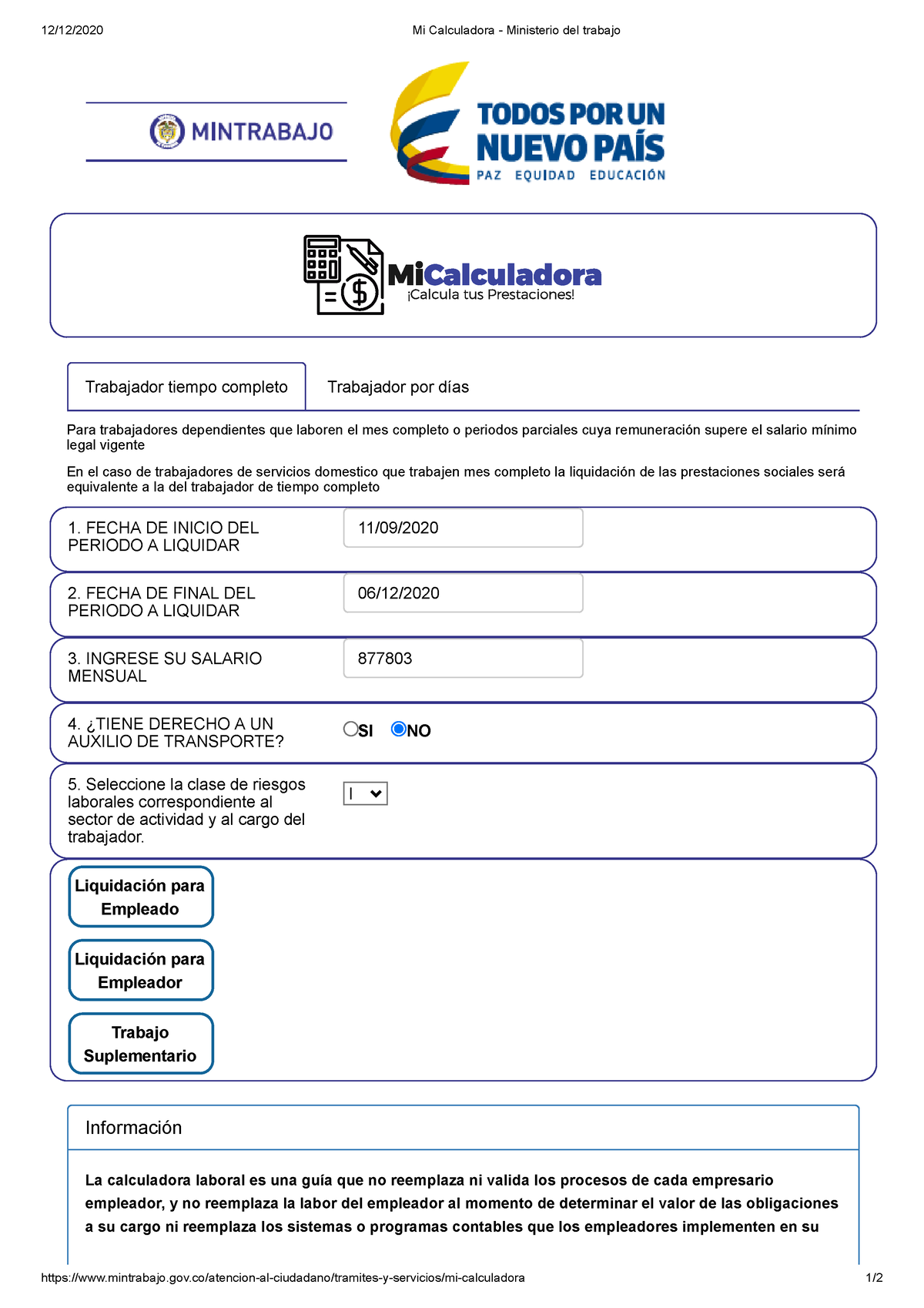 Liq. Ministerio Del Trabajo - 12/12/2020 Mi Calculadora - Ministerio ...