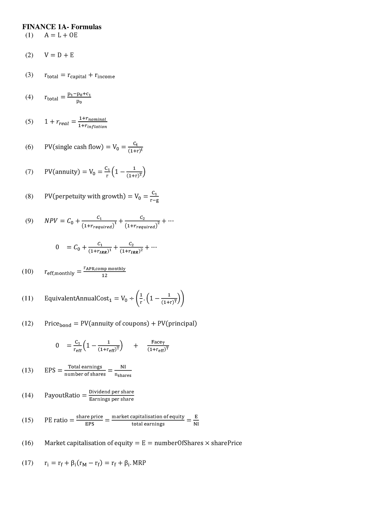 Formulas Sheet - Notes - FINANCE 1A- Formulas (1) A = L + OE (2) V = D ...