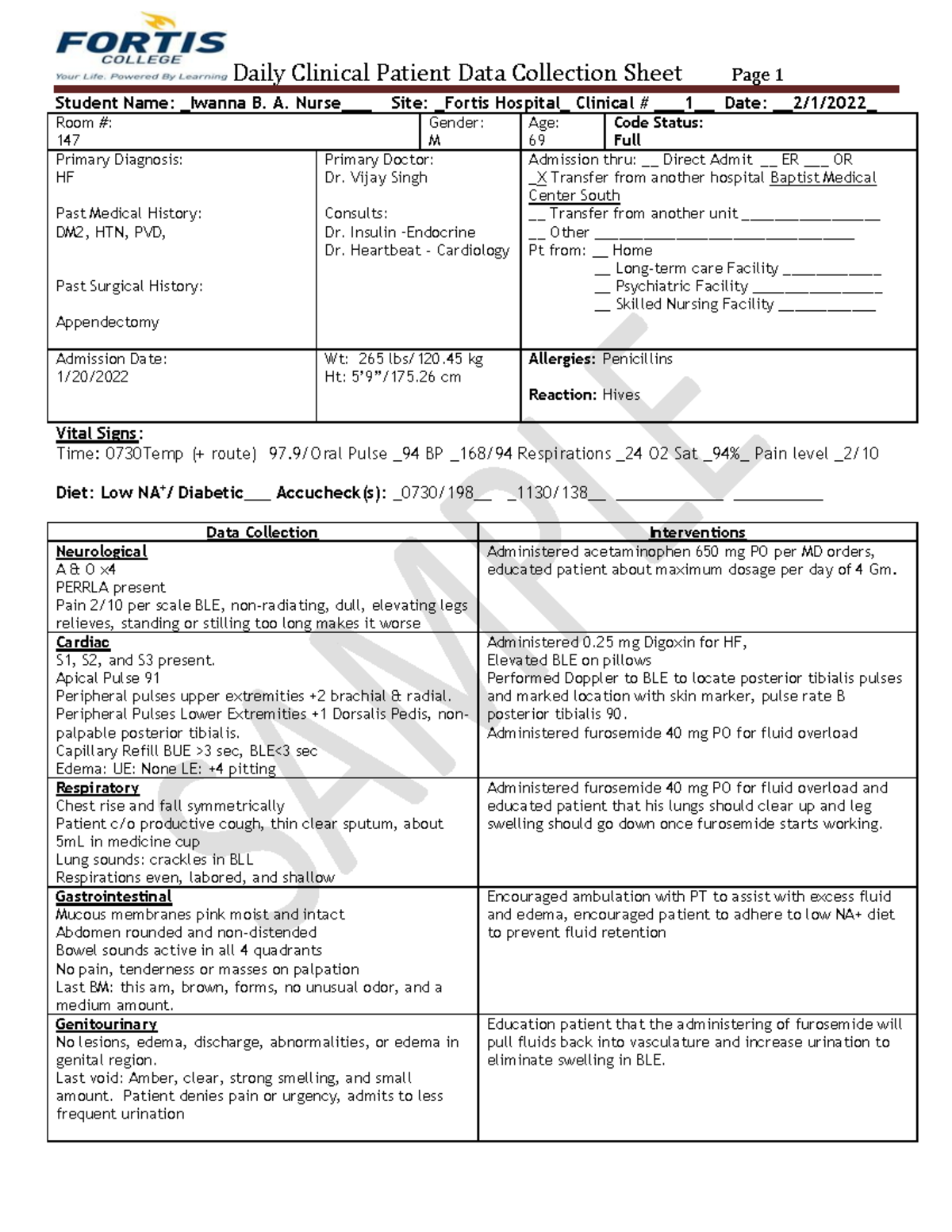 Sample patient data Sheet charting for clinical (002)4 - Student Name ...