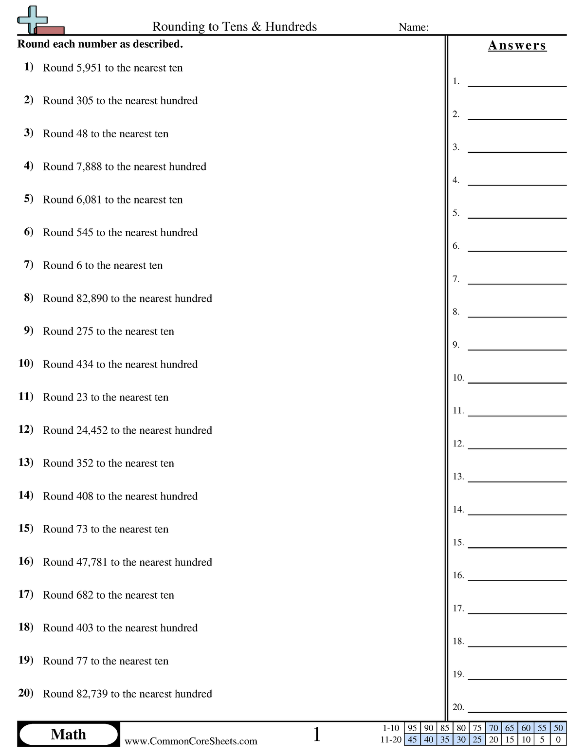 Rounding - dfadfasd - Rounding to Tens & Hundreds Name: Answer Key Math ...