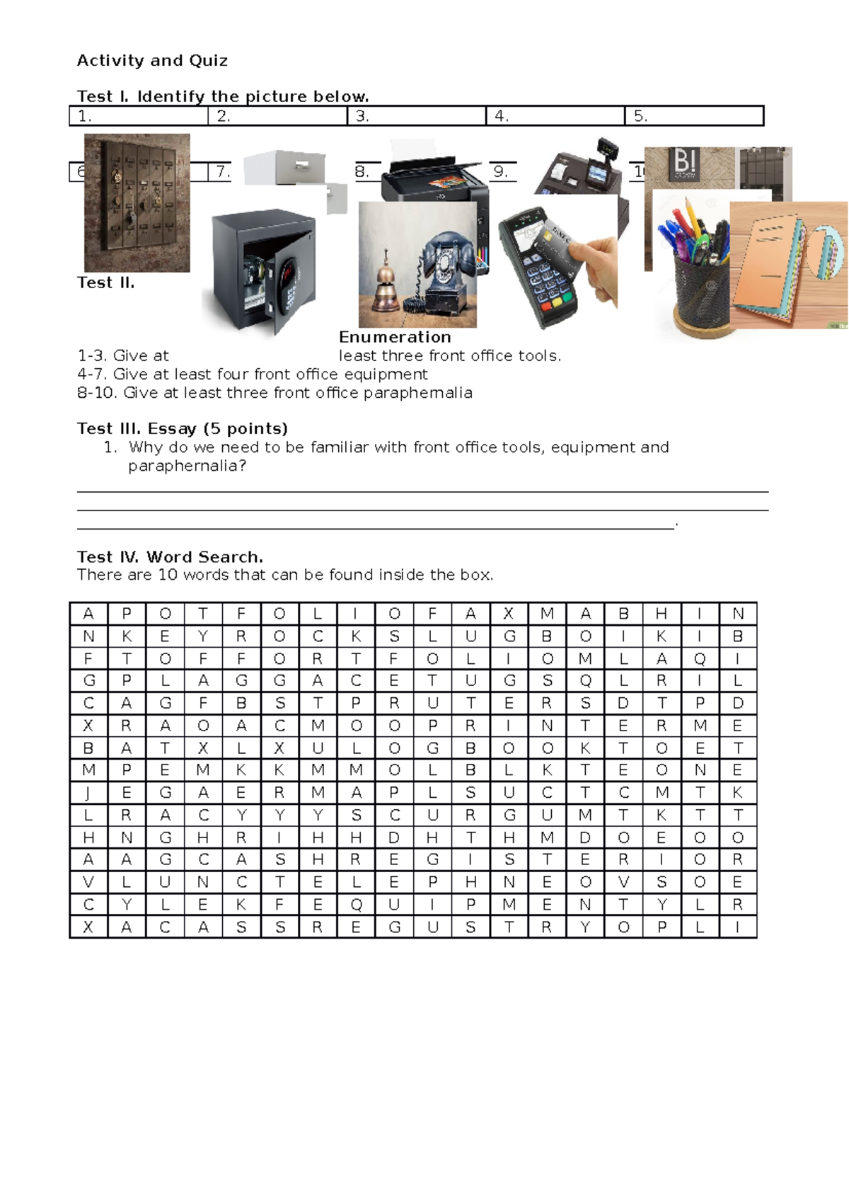 Activity and Quiz - TLE - Activity and Quiz Test I. Identify the ...