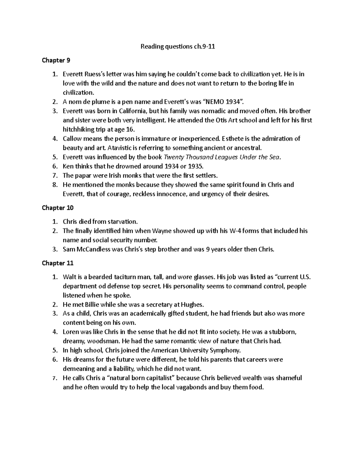 Ch9-11 - Into the Wild book questions - Reading questions ch- Chapter 9 ...