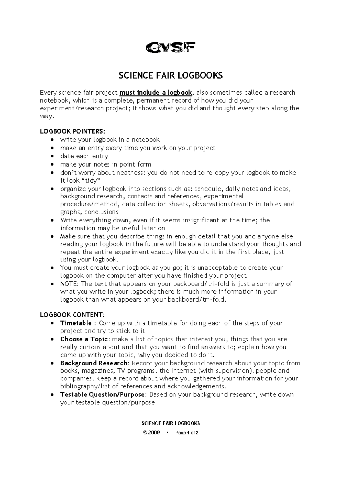 Logbook Guidelines fddv SCIENCE FAIR LOGBOOKS © 2009 Page 1 of 2