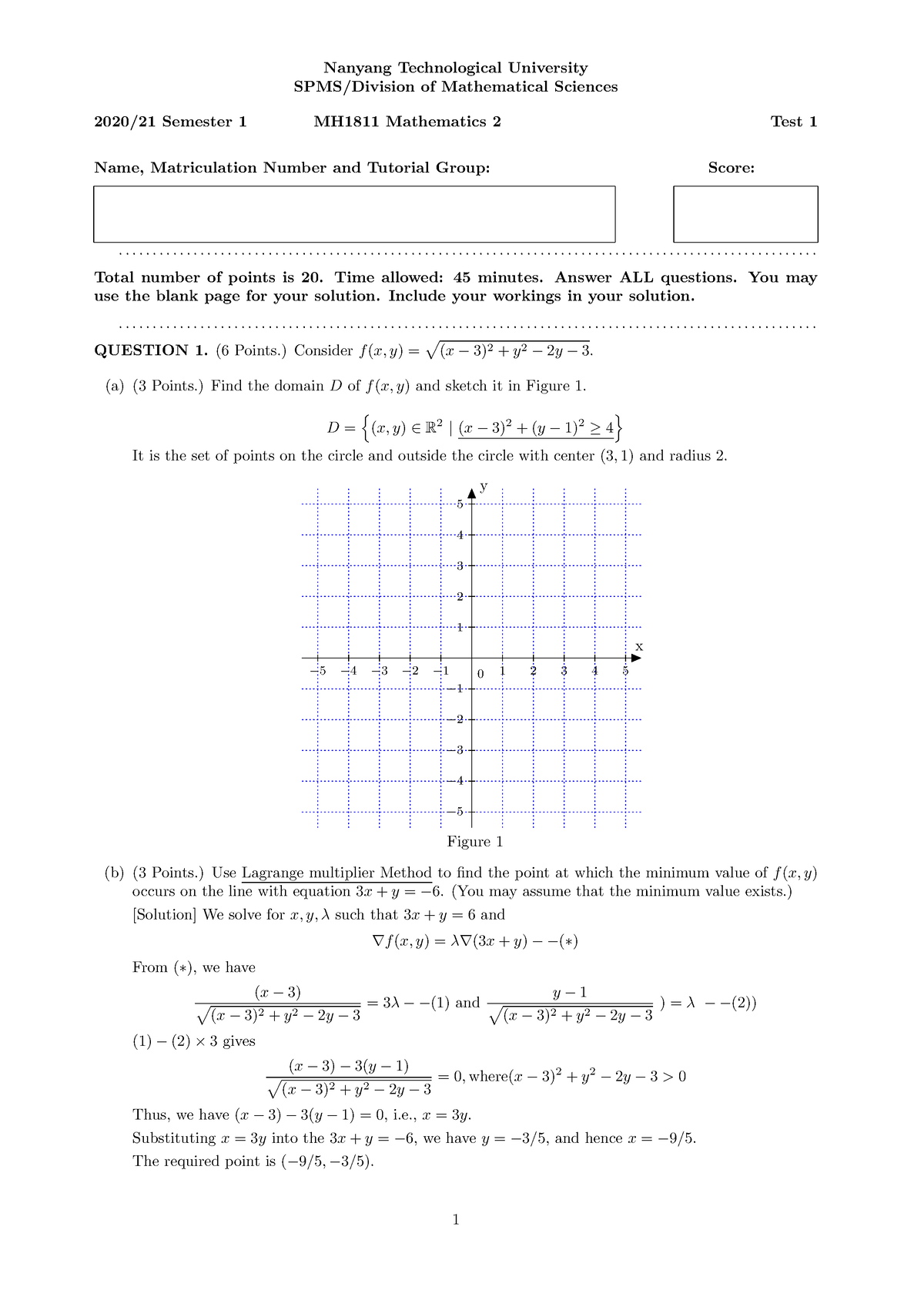 MH1811 AY2020 2021 Sem 1 Test 1 18 Sep 2020 Answer - Nanyang ...