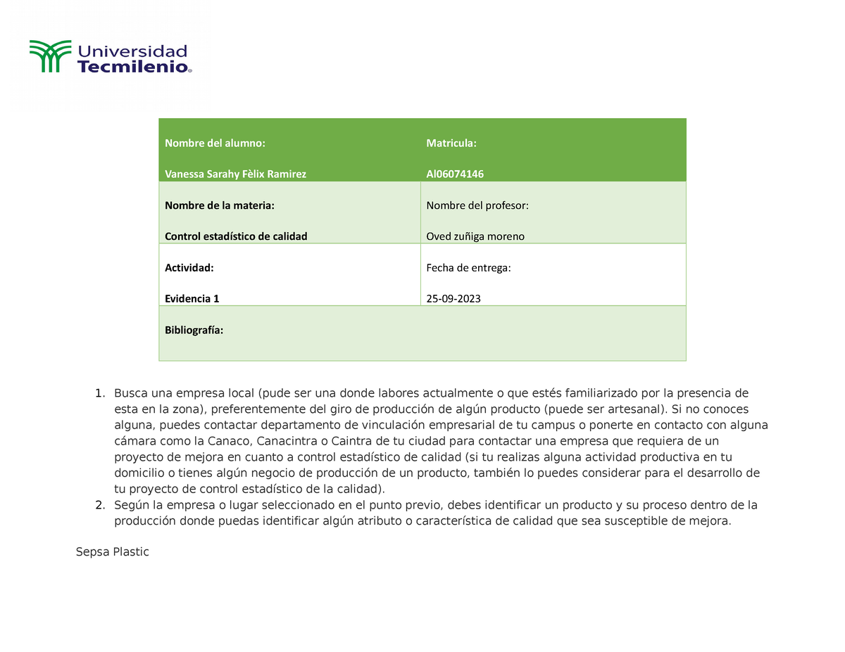 Evidencia 1 Calidad - Busca Una Empresa Local (pude Ser Una Donde ...