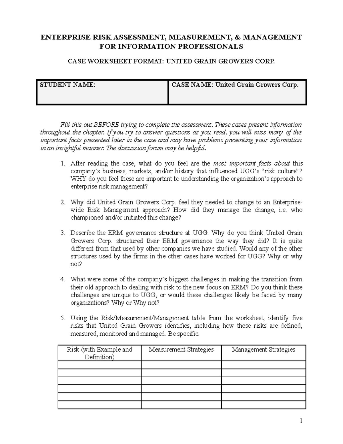 UGG worksheet - Assignments - ENTERPRISE RISK ASSESSMENT, MEASUREMENT ...