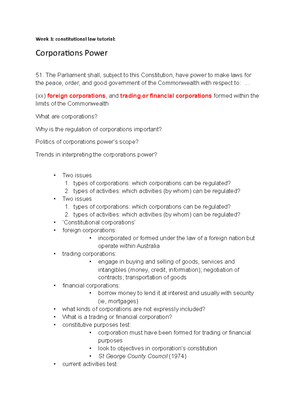 Const tute 3 - Tutorial notes - Week 3: constitutional law tutorial ...