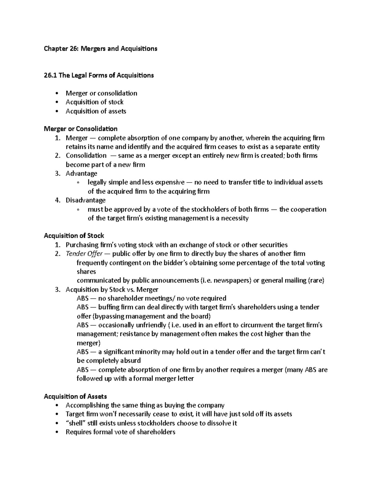 26 - Lecture notes 26 - Chapter 26: Mergers and Acquisitions 26 The ...