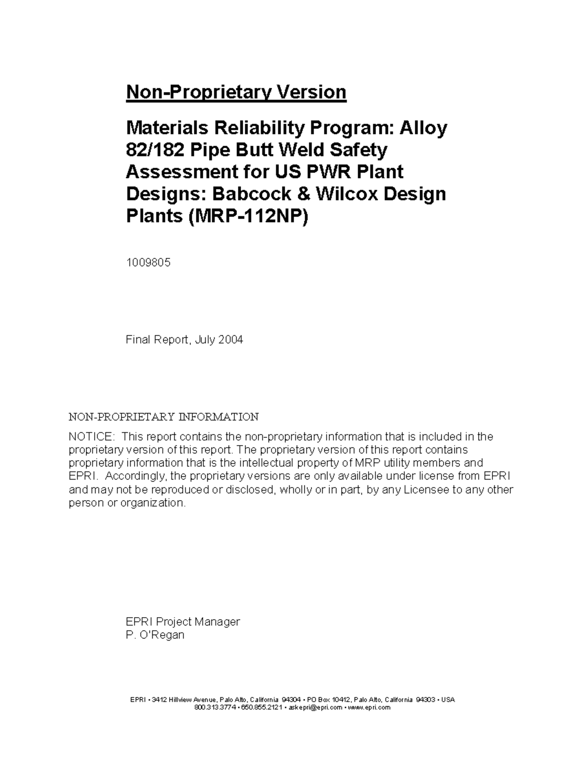 EPRI MRP112NP EPRI Project Manager P. O'Regan EPRI ï 3412 Hillview