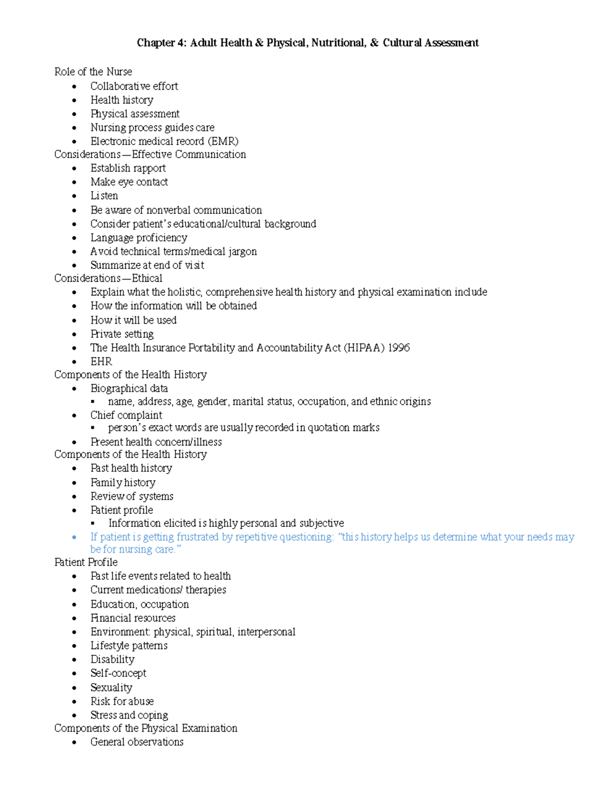 Exam 1 Chapter 4 health assessment notes Role of the Nurse