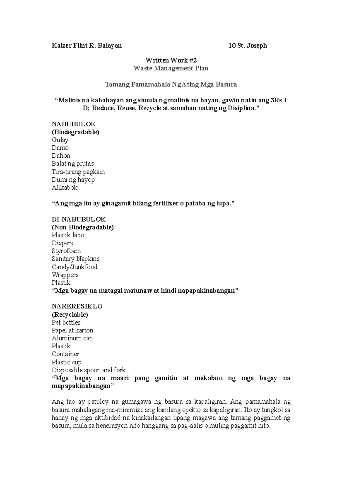 Writte Work#2 - Kaizer Flint R. Balayan 10 St. Joseph Written Work ...