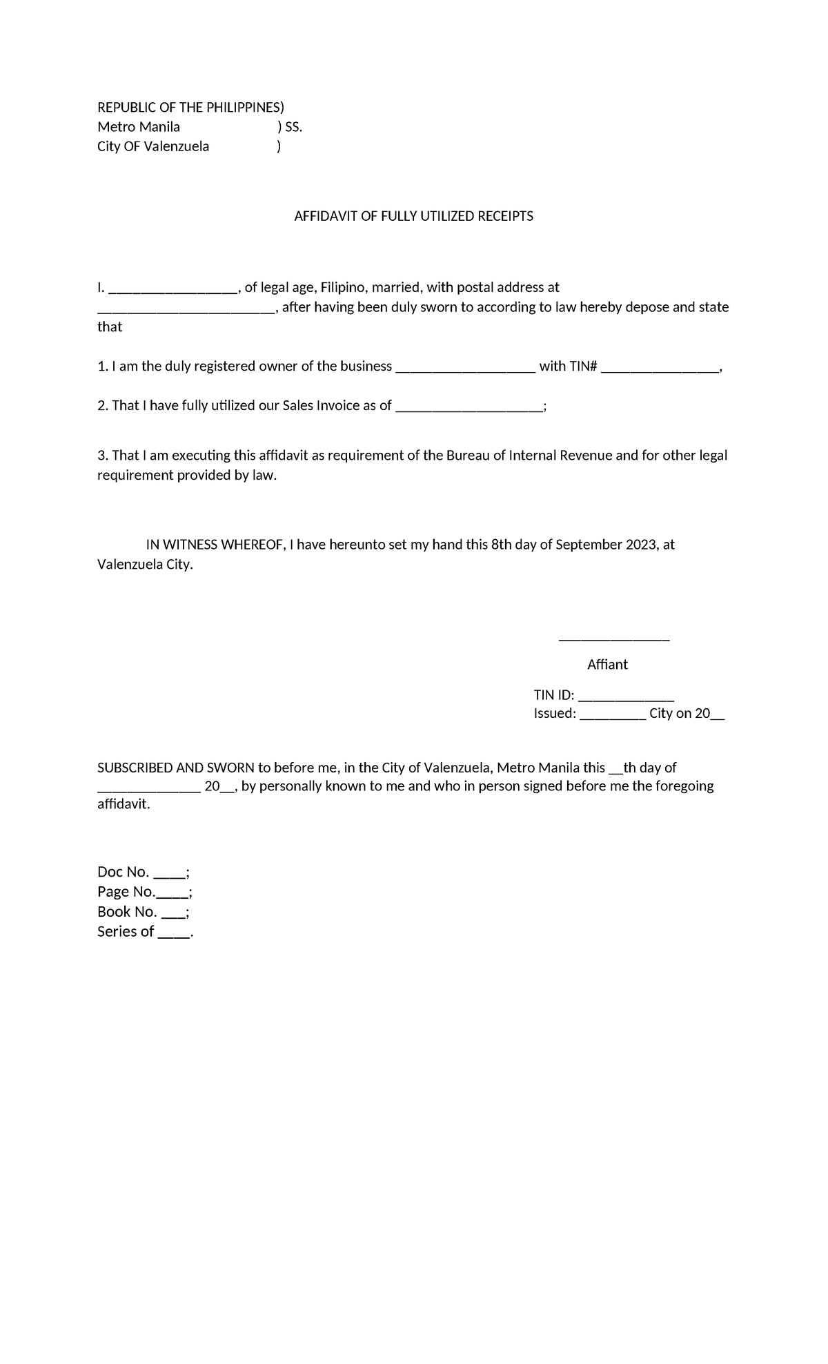 Affidavit of Utilized Receipts - REPUBLIC OF THE PHILIPPINES) Metro ...