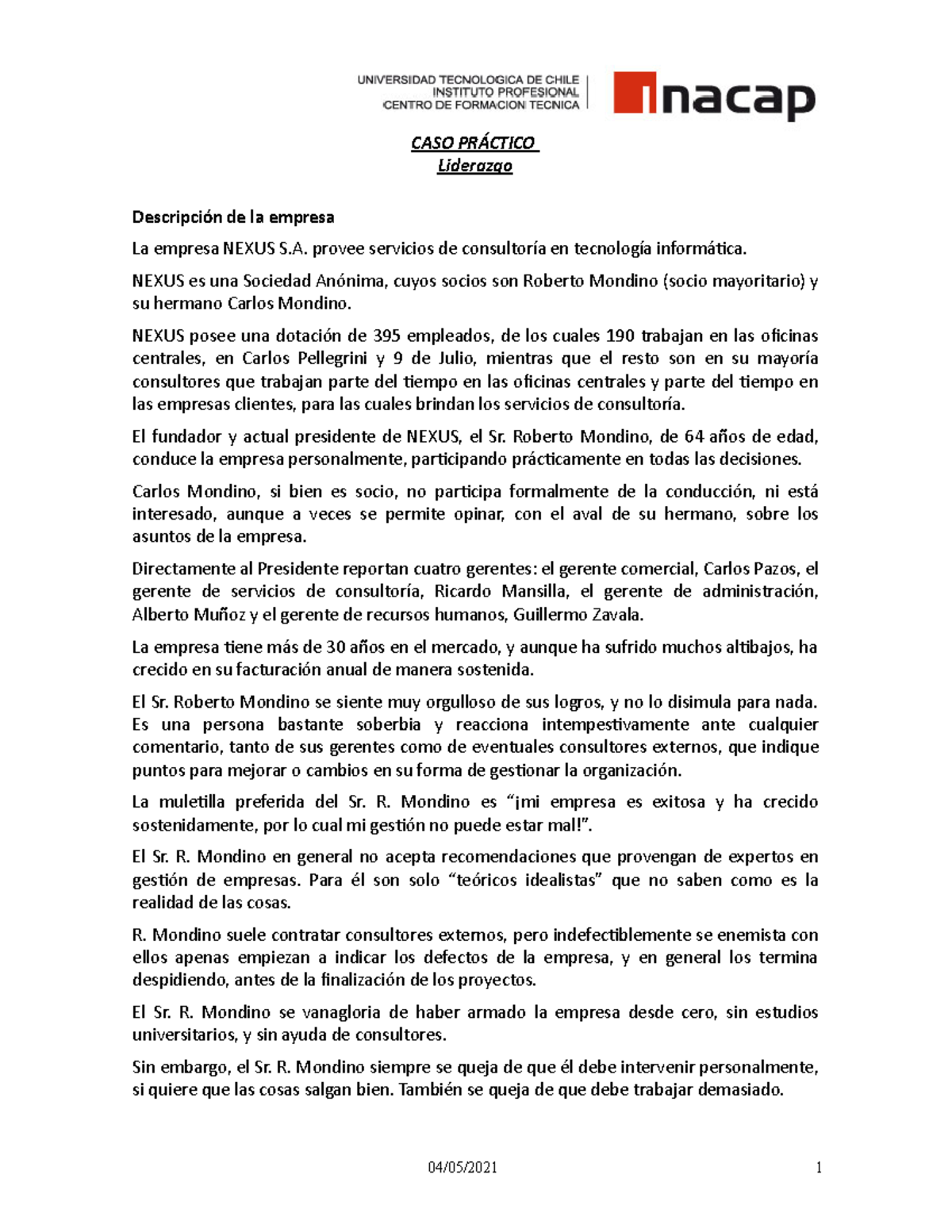 Caso Practico De Liderazgo - CASO PRÁCTICO Liderazgo Descripción De La ...