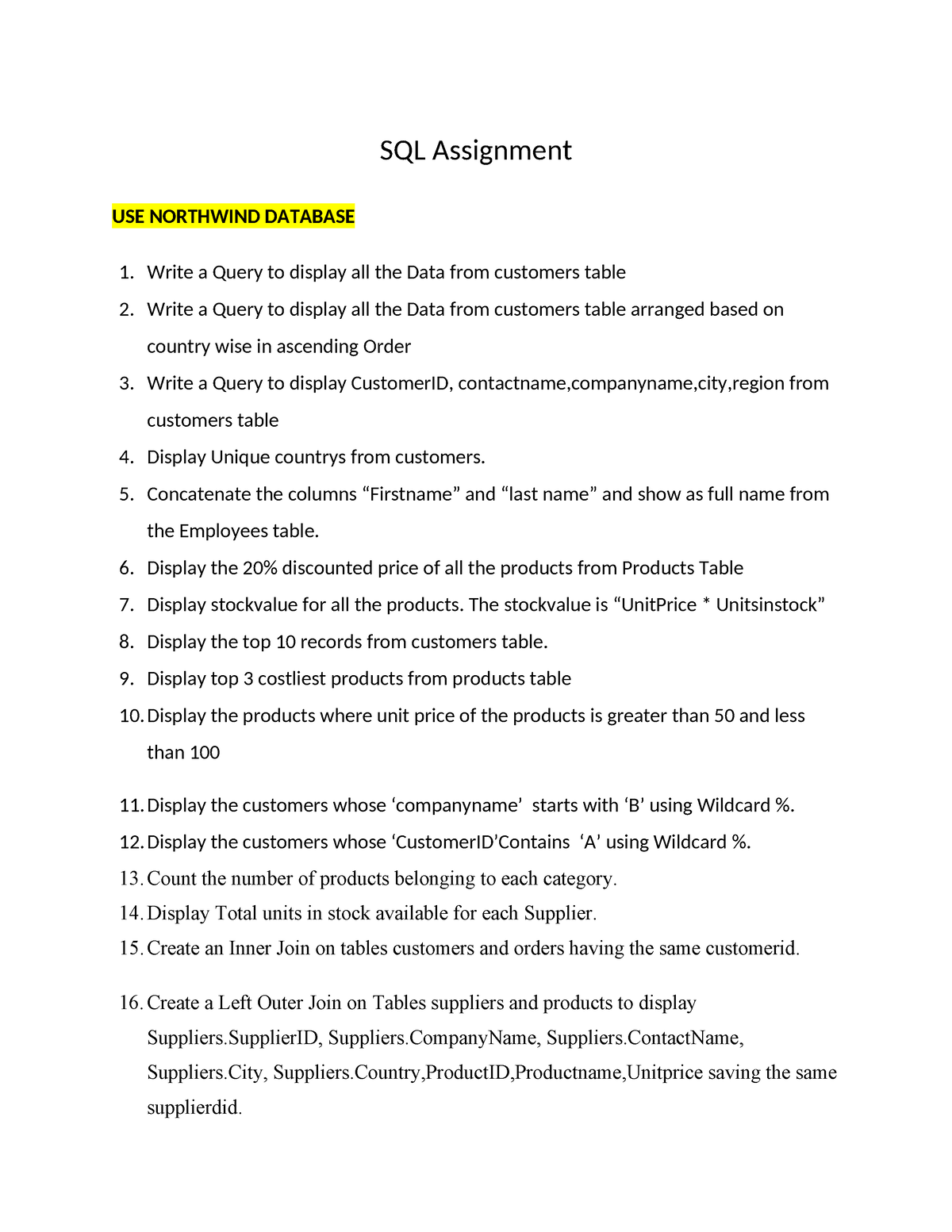 sql assignments pdf