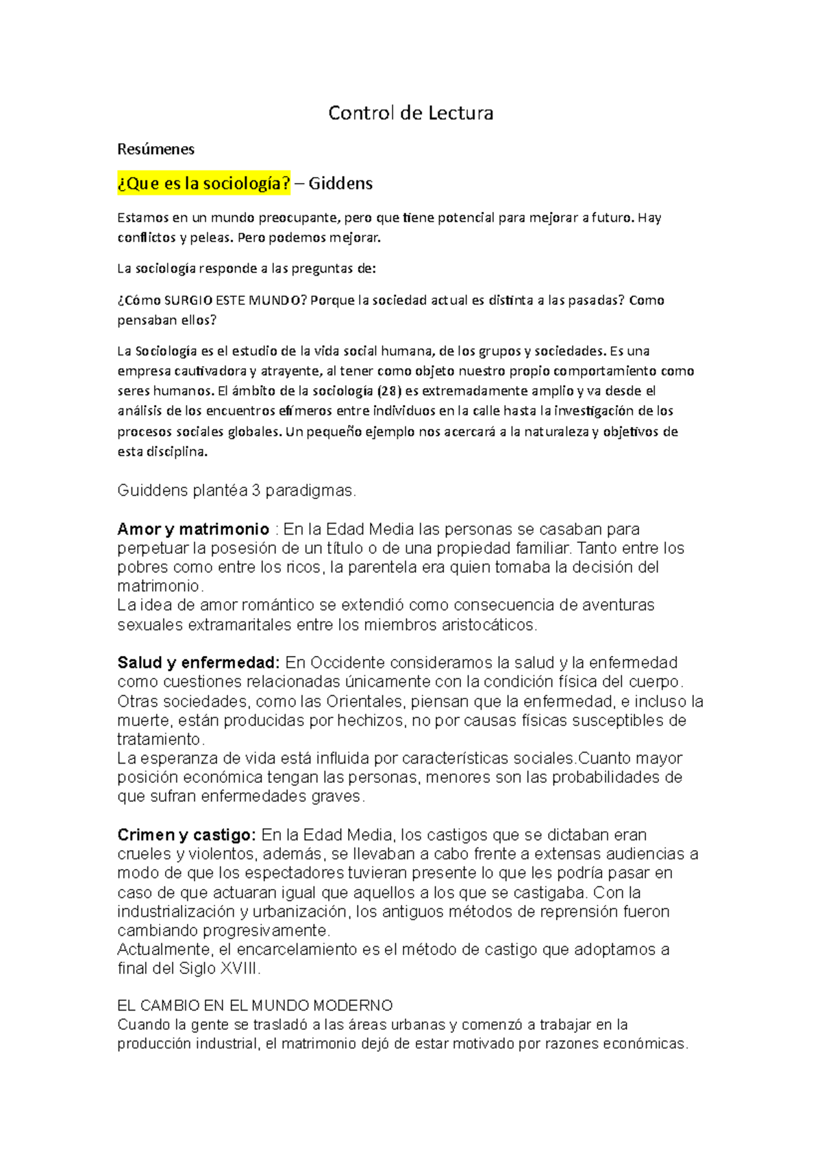 Control De Lectura Control De Lectura Resúmenes ¿que Es La Sociología