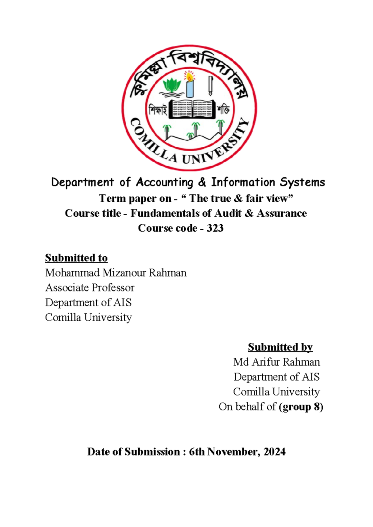 Audit term paper of 6th semester - Department of Accounting ...