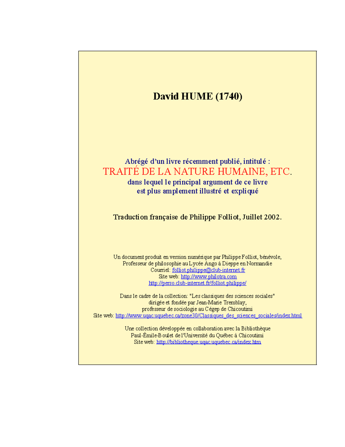 Hume David - Abrégé du traité de la nature humaine - David HUME (1740 ...