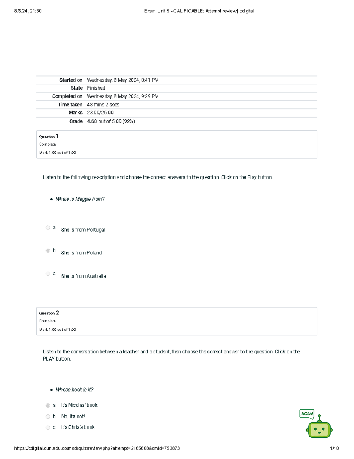 Exam Unit 5 - Calificable Attempt review cdigital Inglés - Started on ...