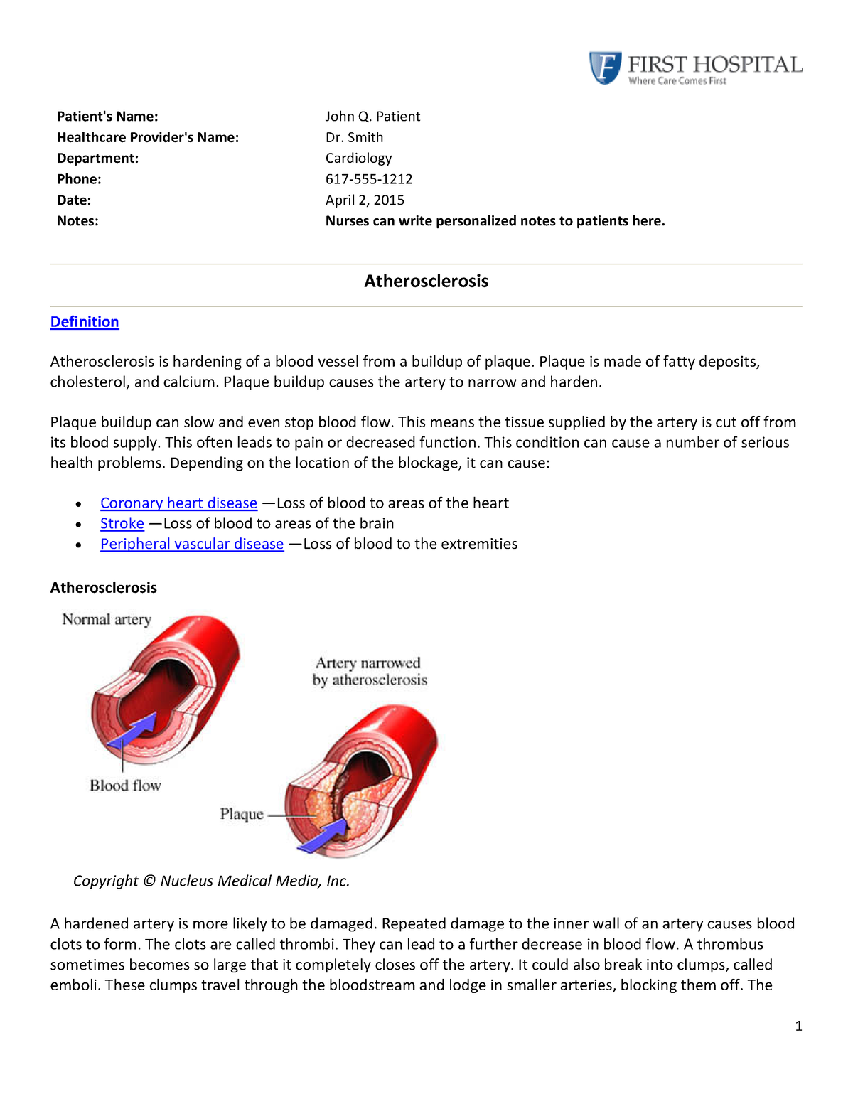 Atherosclerosis - Patient's Name: John Q. Patient Healthcare Provider's ...