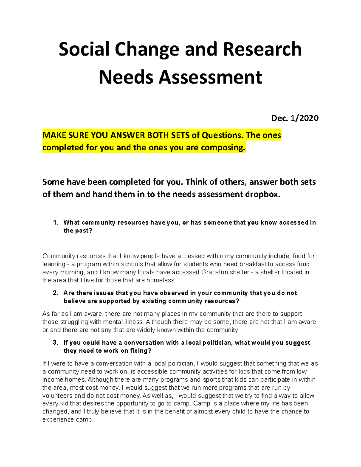 assignment on needs assessment