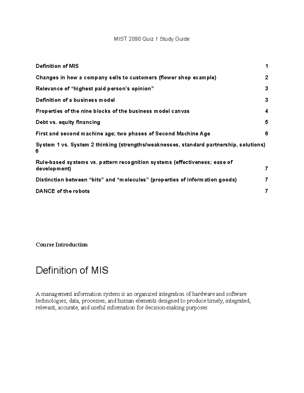 MIS study guide 1 MIST 2090 Quiz 1 Study Guide Definition of MIS 1
