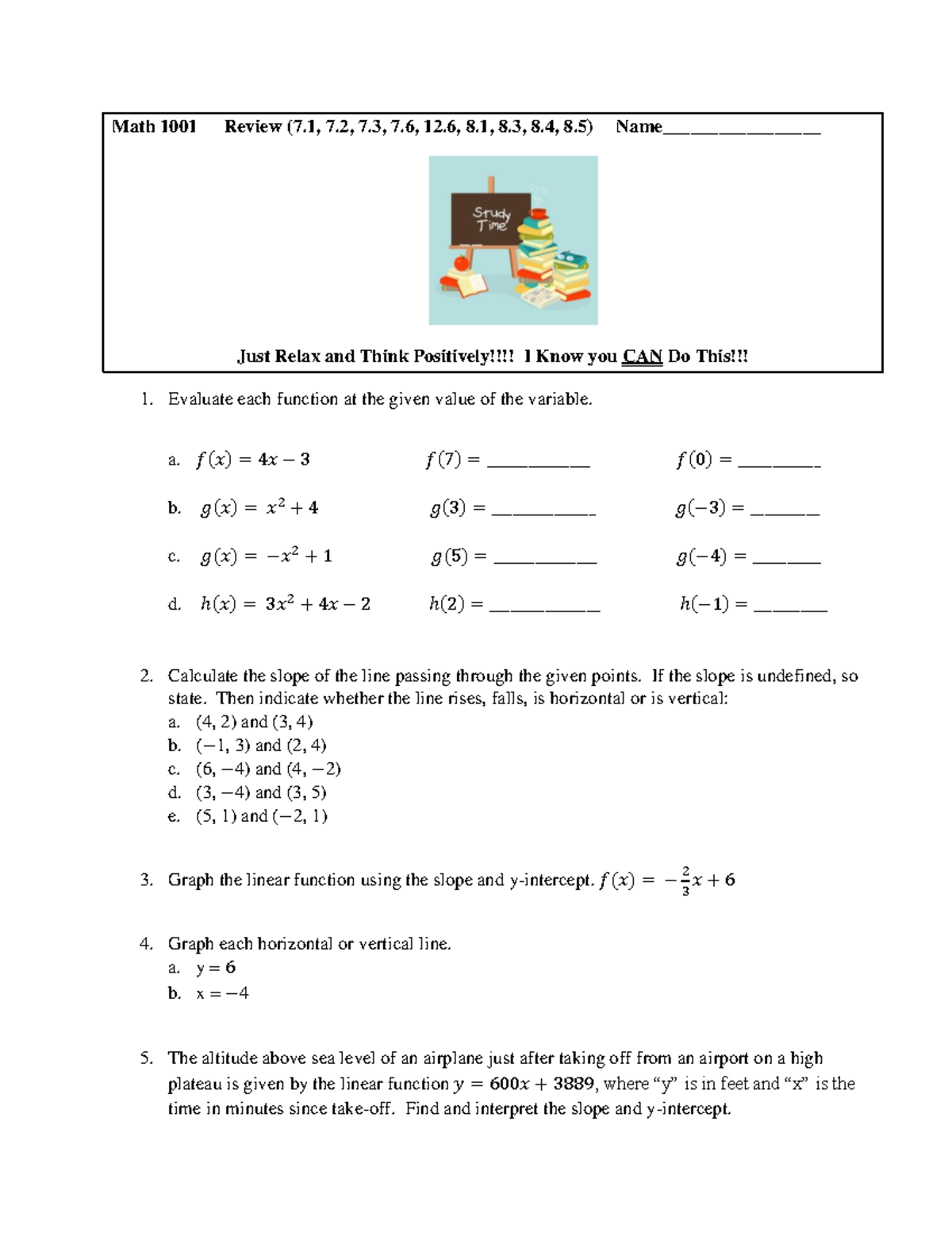 Math 1001 Review 2 - Math 1001 Review (7, 7, 7, 7, 12, 8, 8, 8, 8) Name ...