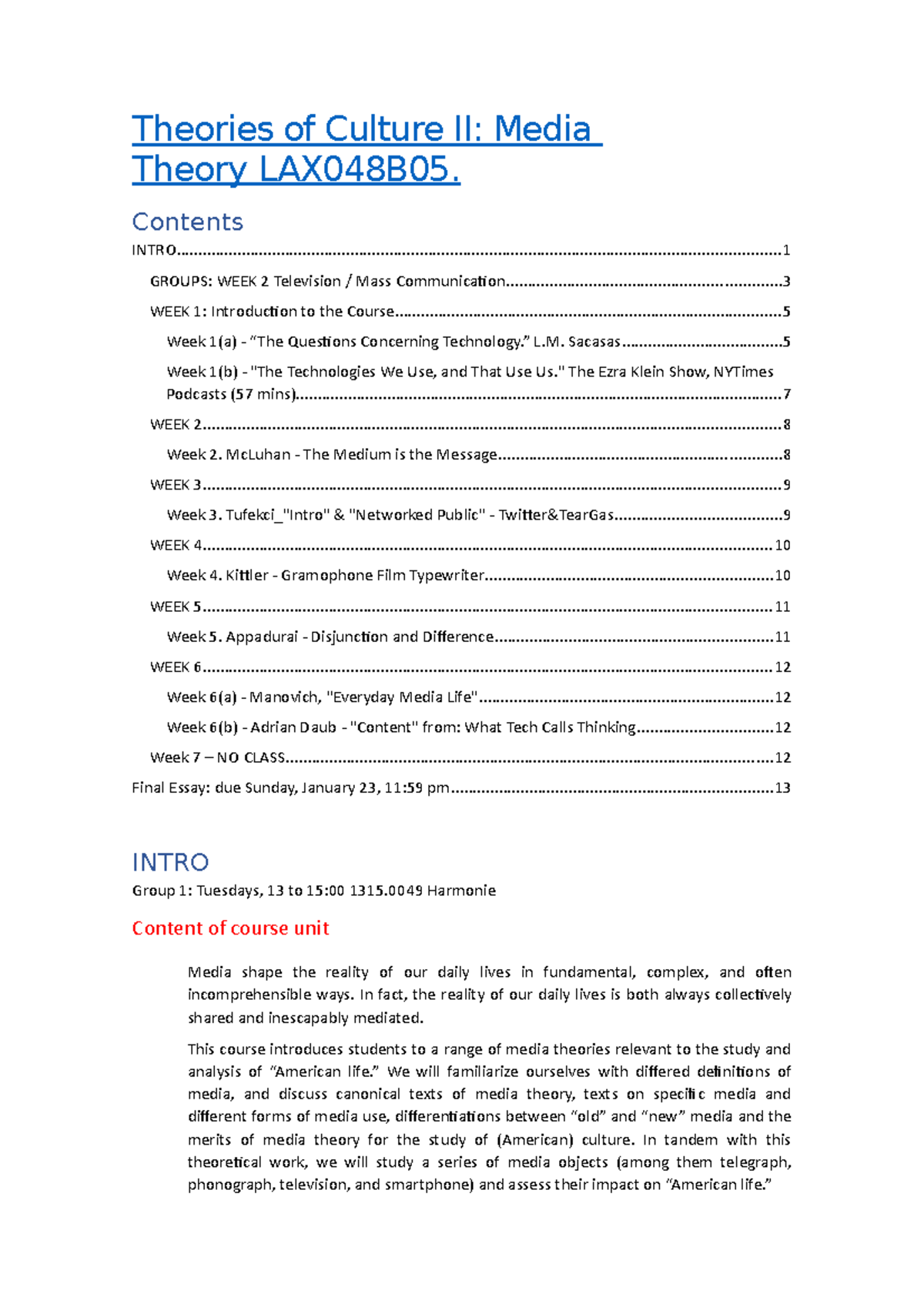 Media theory notes all Theories of Culture II Media Theory