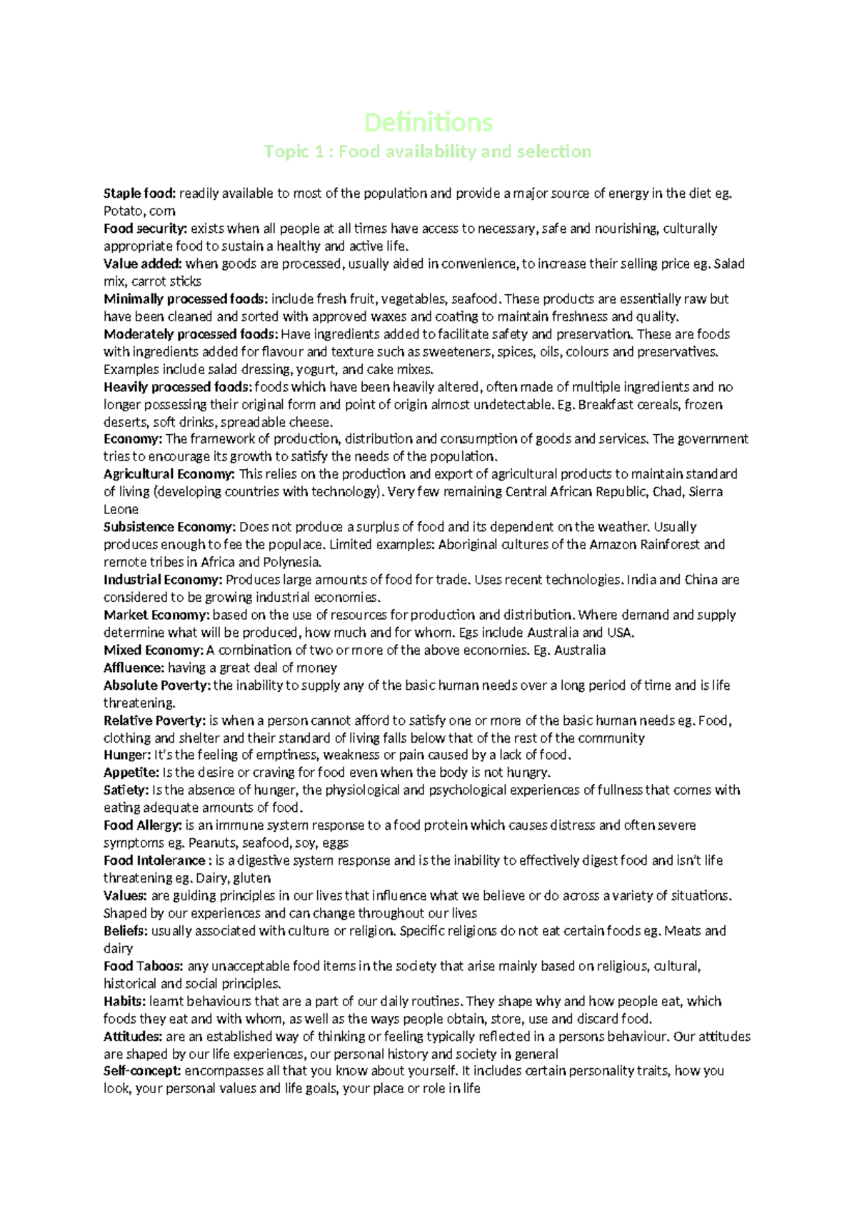 Definitions - Study note defintions - Definitions Topic 1 : Food ...