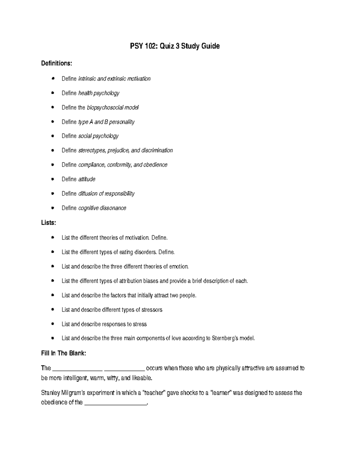 Study Guide Psychology Unit 3 - PSY 102: Quiz 3 Study Guide Definitions ...