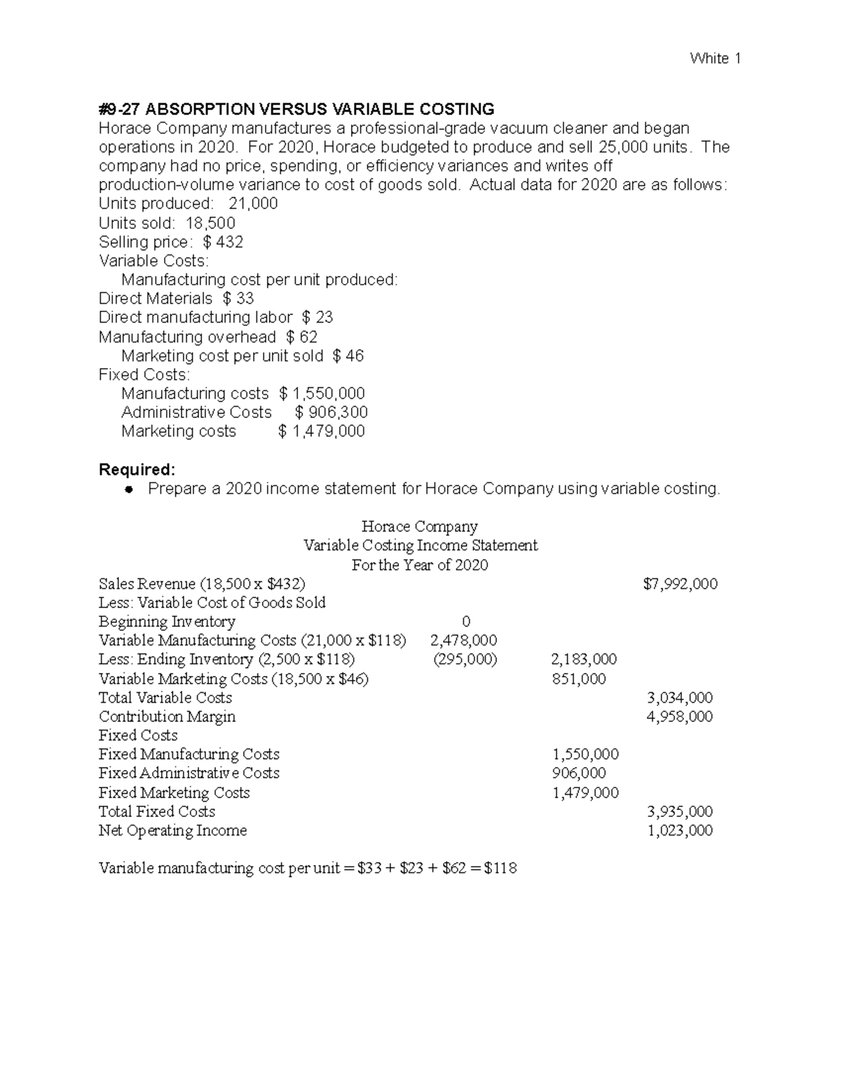 Acct 372 homework 4 3 chapter 9 work absorption versus variable