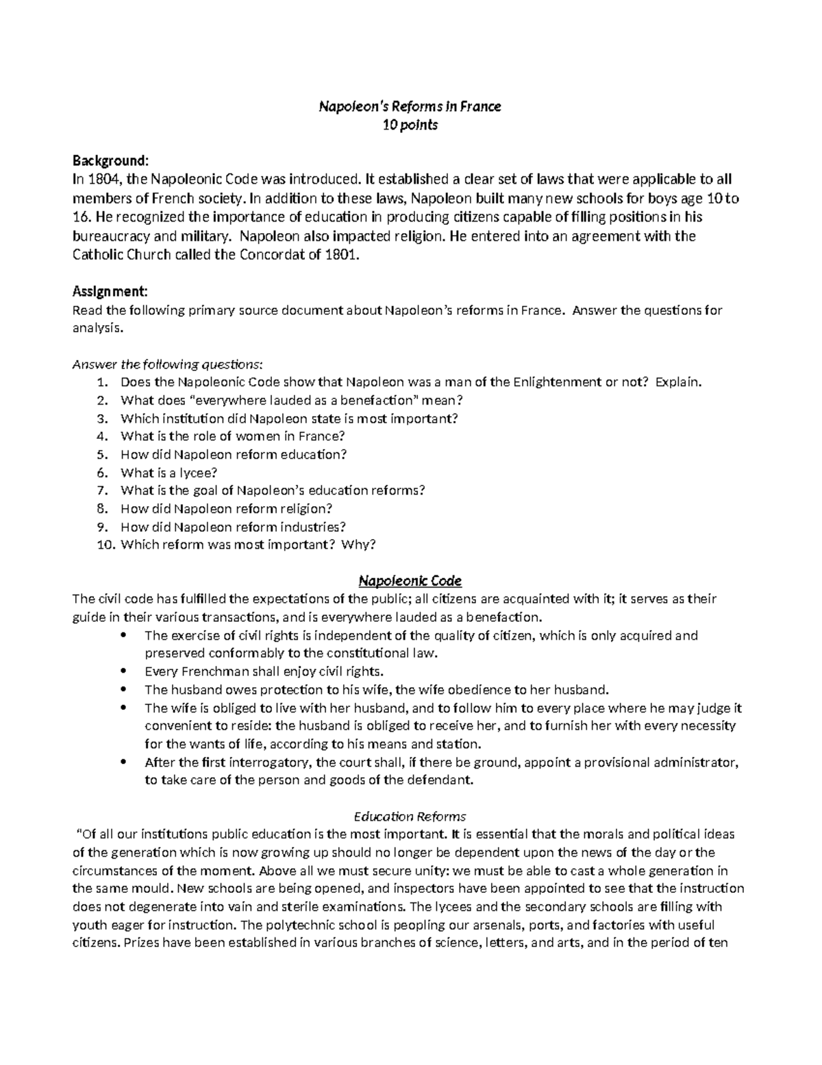 AC Primary Source Napoleon Reforms - Napoleon’s Reforms in France 10 ...