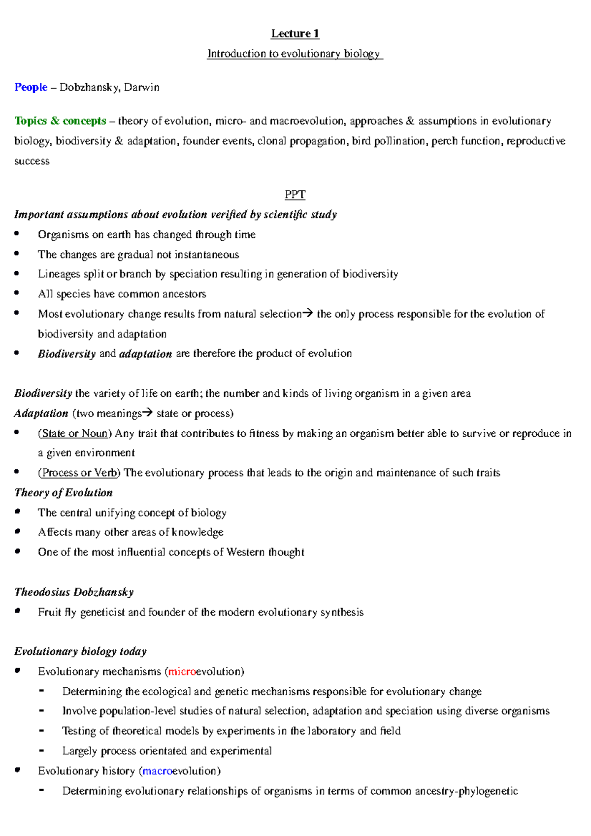 Adaptation and Biodiversity - Lecture notes - Lecture 1 - Lecture 1 ...