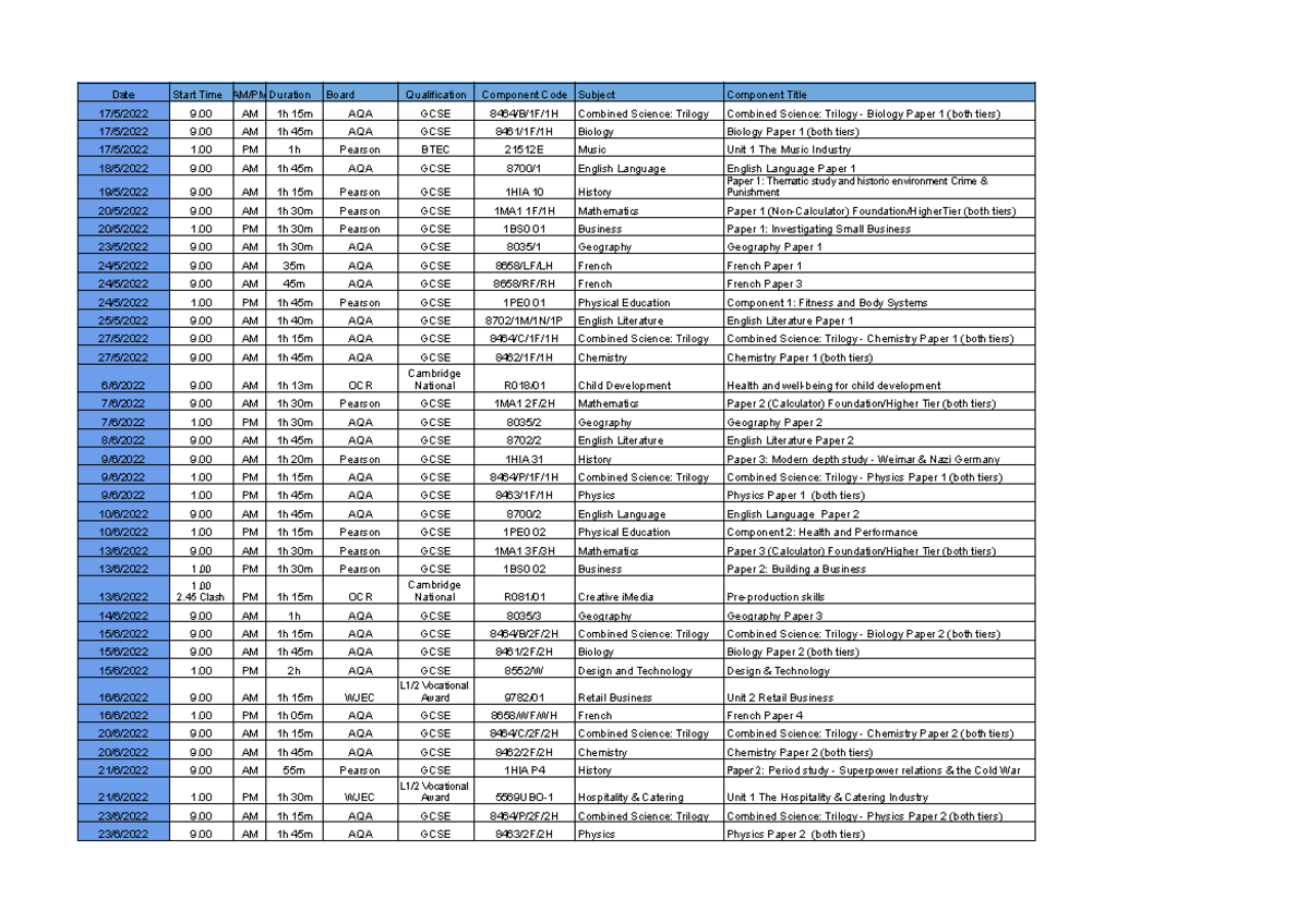 Summer 2022 GCSE Timetable.xlsx Summer 2022 2 Date Start Time AM/PM