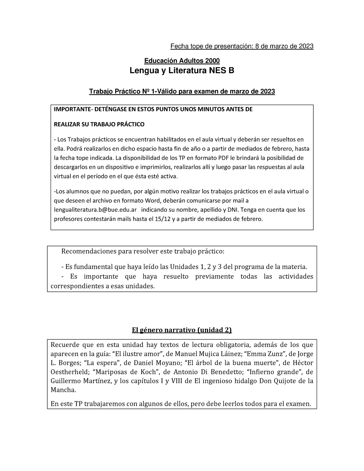 Lengua Y Literatura B TP1 - Marzo 2023 - Fecha Tope De Presentación: 8 ...