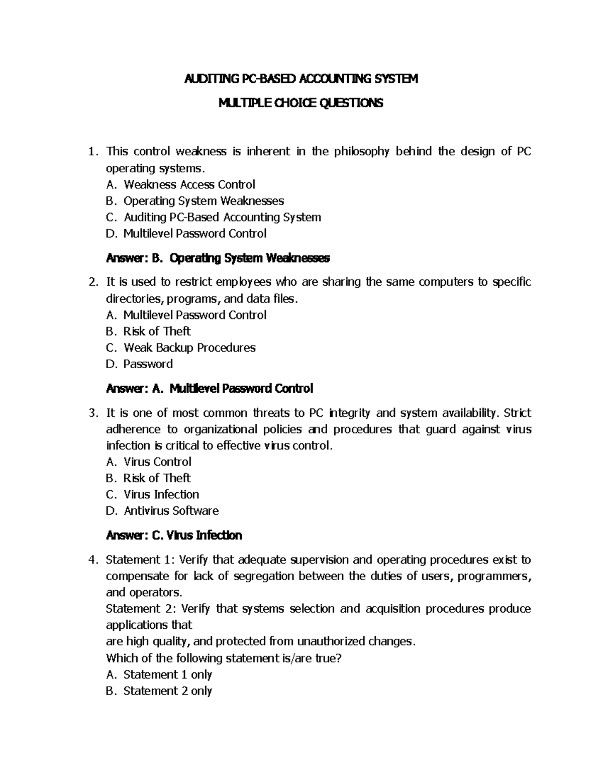 Auditing PC BASE Accounting System MCQ - AUDITING PC-BASED ACCOUNTING ...