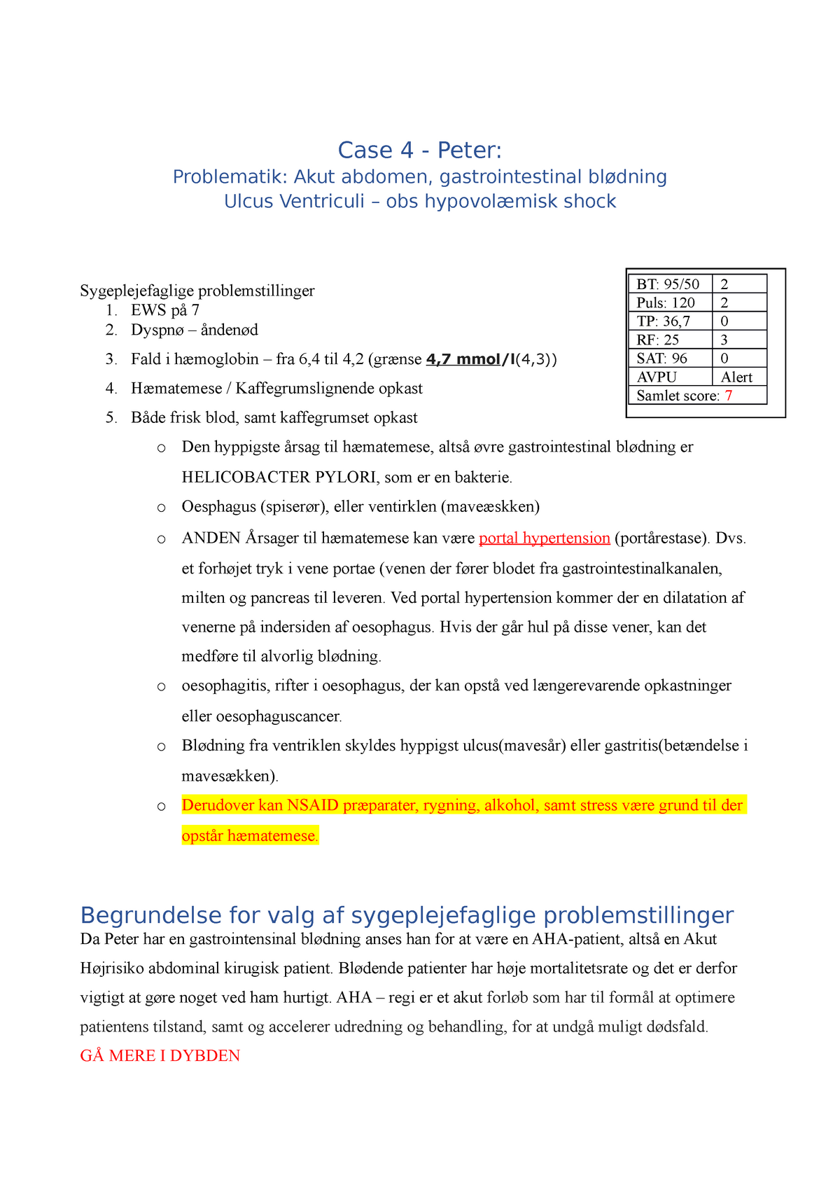 Quilt gå på pension ide Talepapir - eksamen - Case 4 - Peter: Problematik: Akut abdomen,  gastrointestinal blødning Ulcus - StuDocu