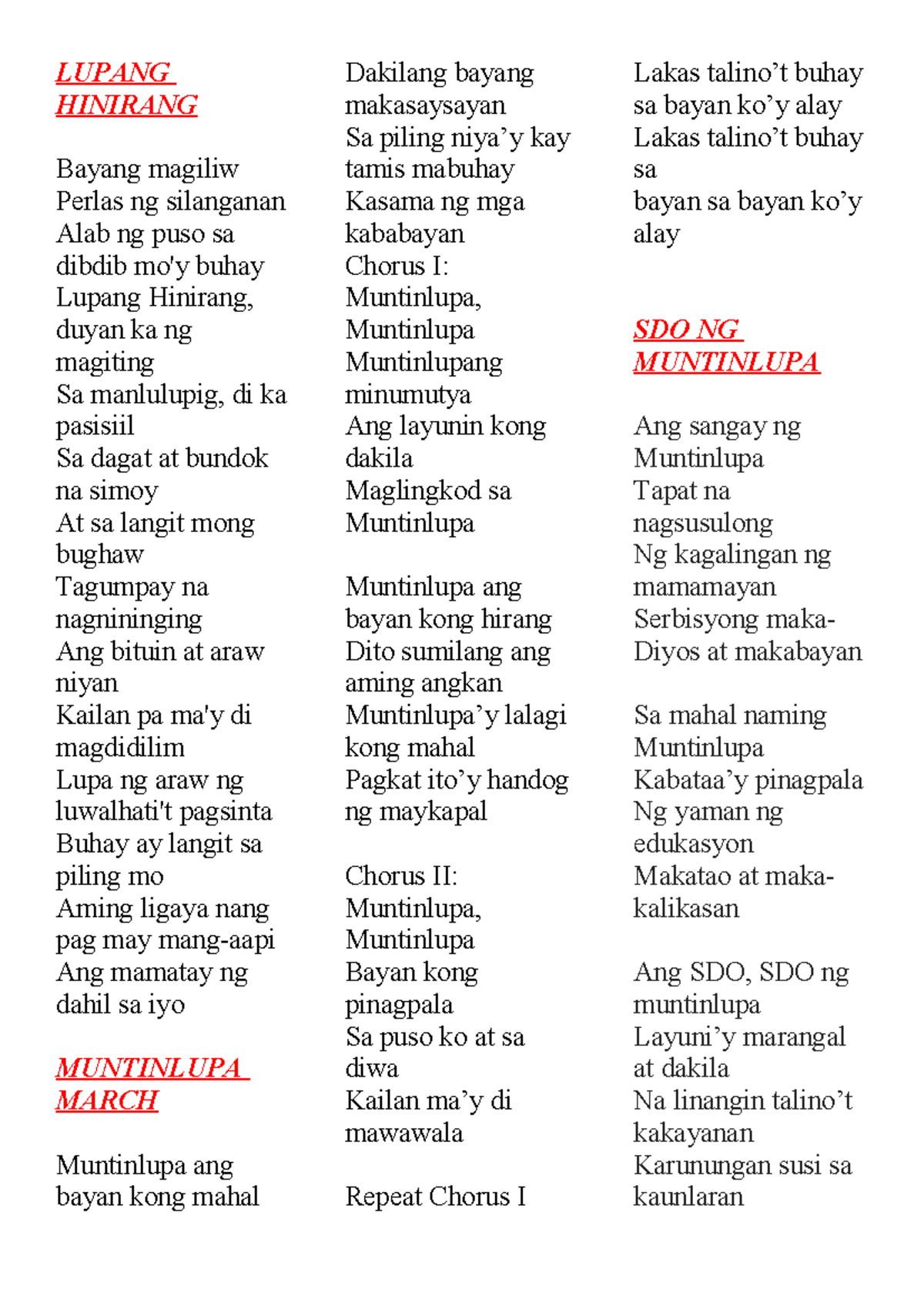 Lyrics FOR Completion Songs - LUPANG HINIRANG Bayang magiliw Perlas ng ...