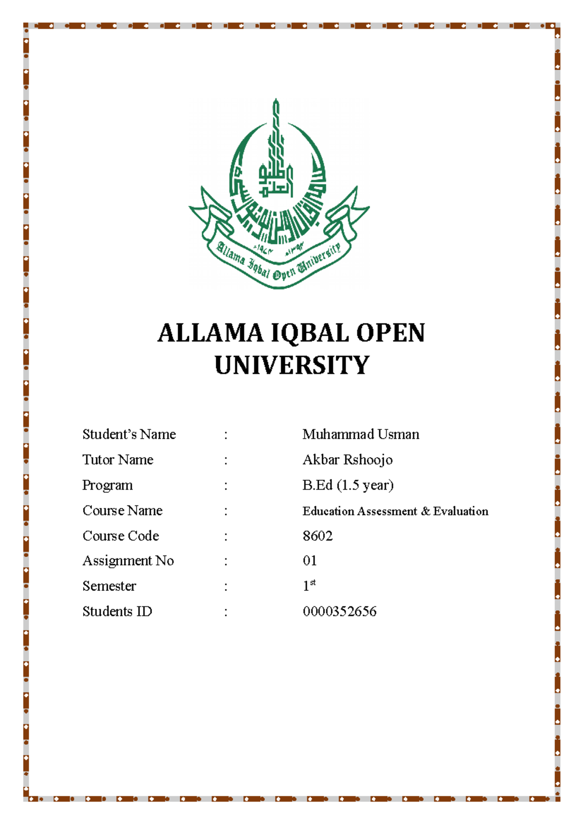 8602 - Assignment - ALLAMA IQBAL OPEN UNIVERSITY Student’s Name ...
