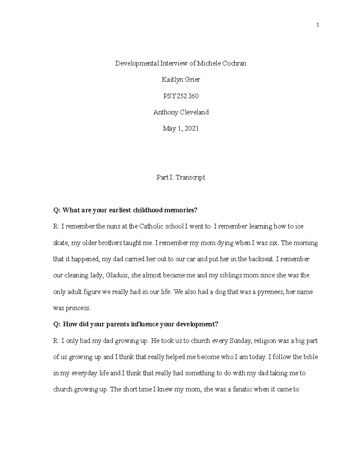 Developmental Interview of Michele Cochran - I remember learning how to ...