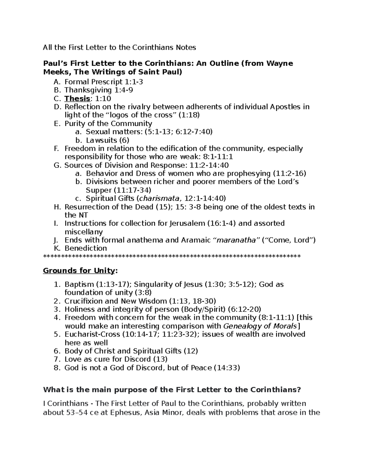 All the First Letter to the Corinthians Notes Formal Prescript 11 B. Thanksgiving 14 C