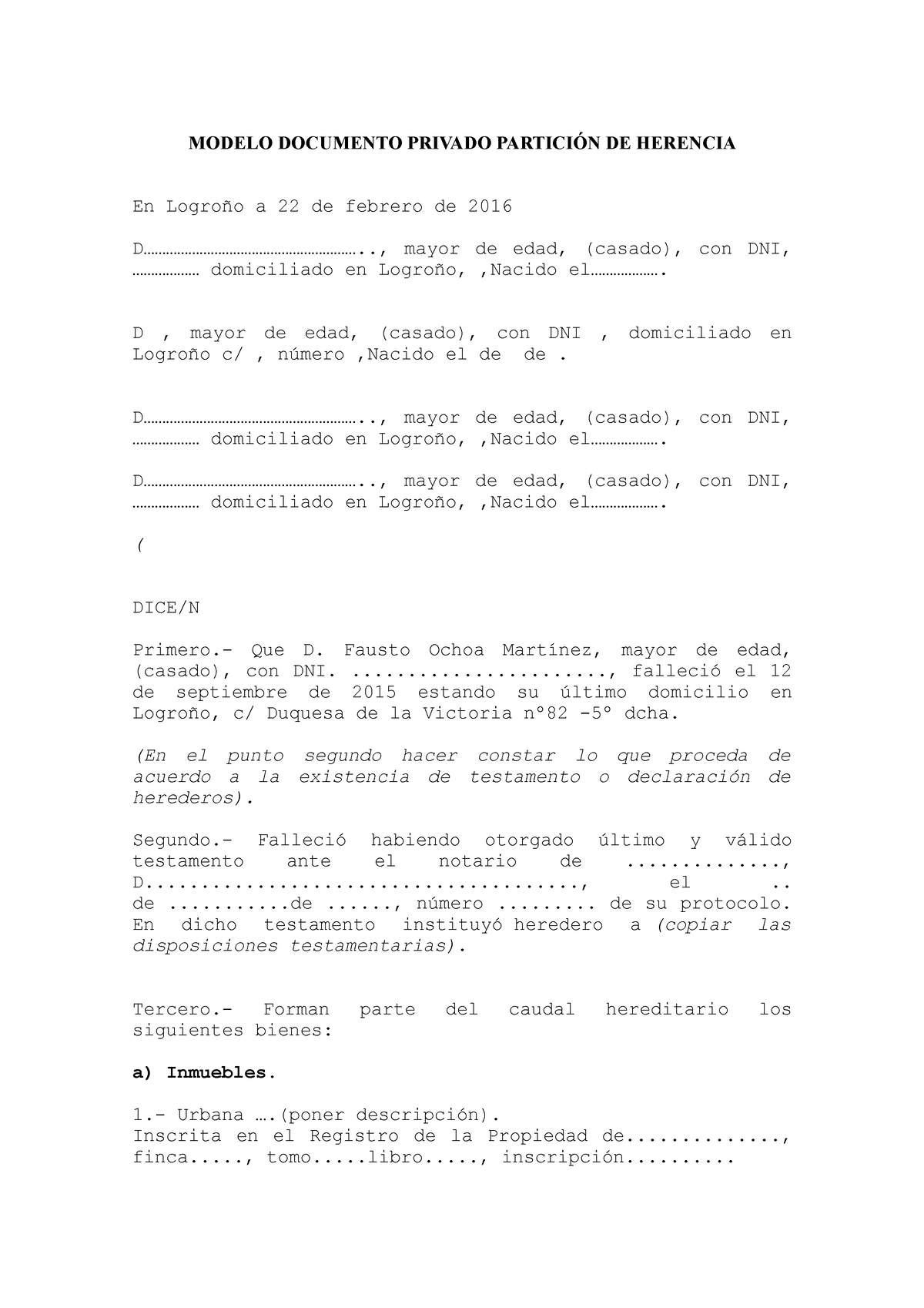 327170297 Modelo Documento Privado Particion de Herencia - MODELO DOCUMENTO PRIVADO  PARTICIÓN DE - Studocu