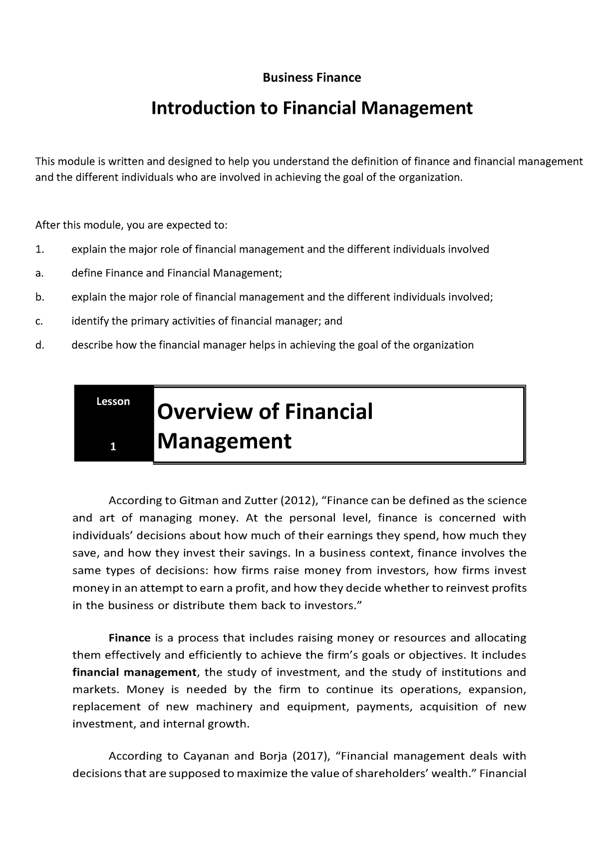 financial management assignment introduction