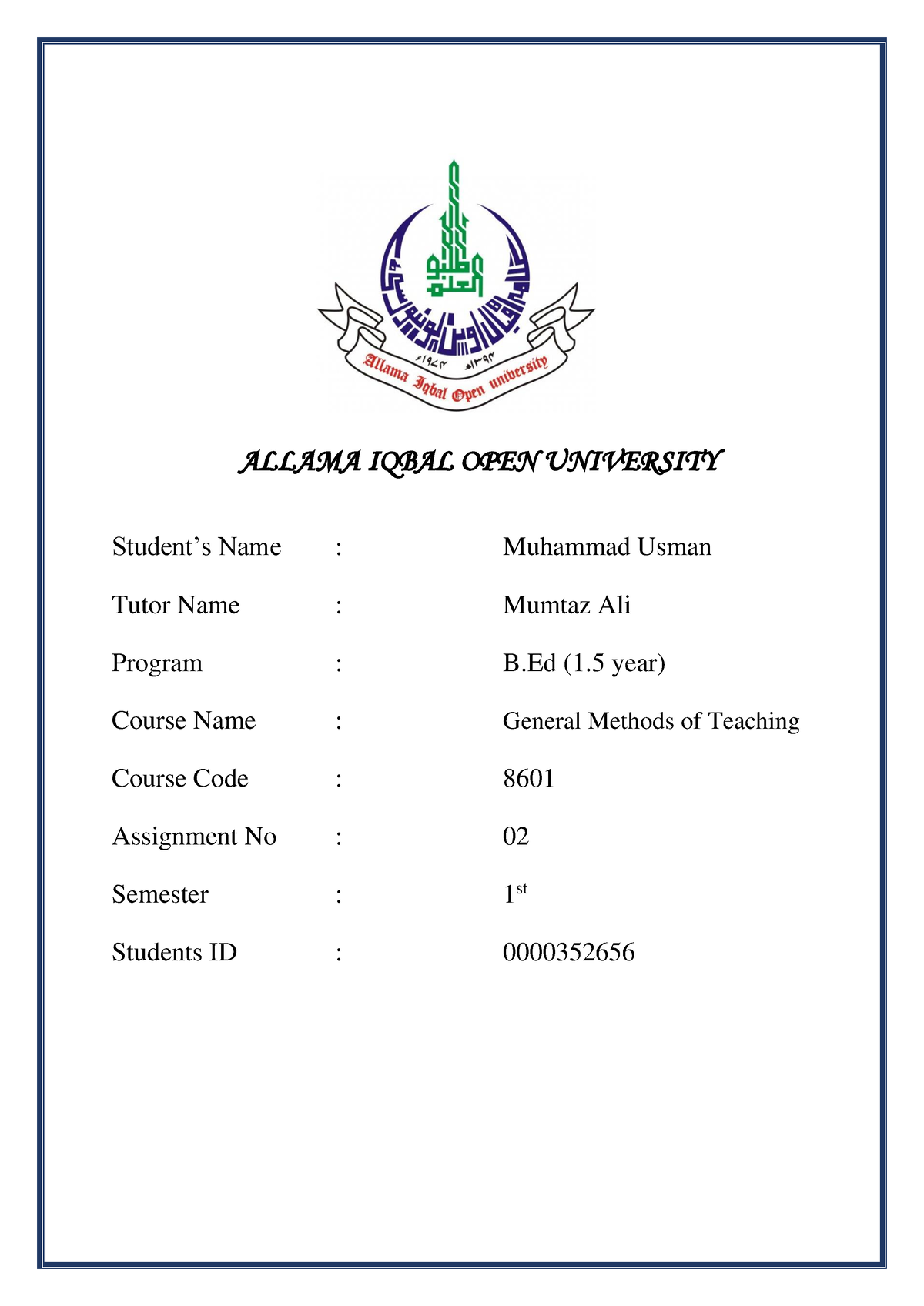 allama iqbal open university assignment 8601