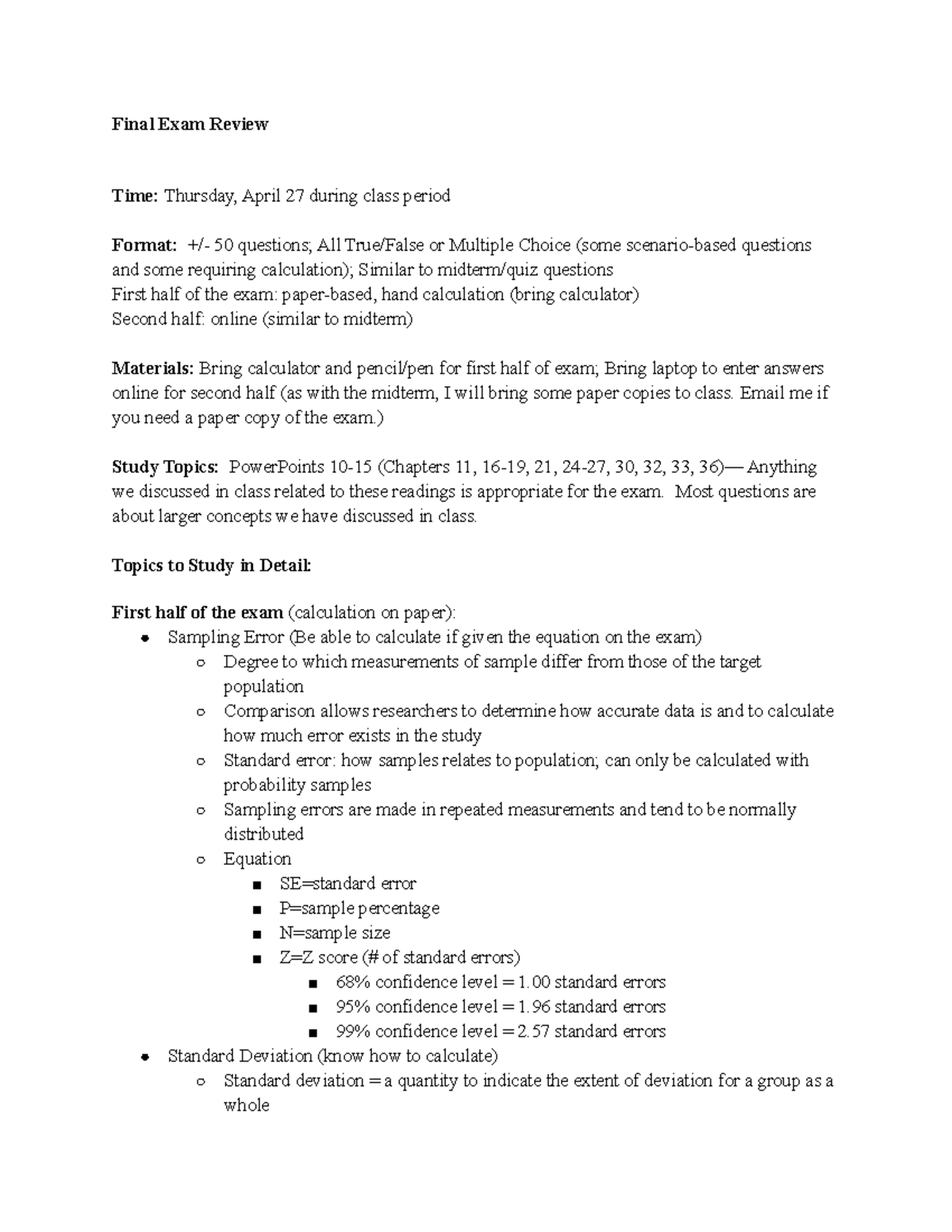 279 final study guide - Final Exam Review Time: Thursday, April 27 ...