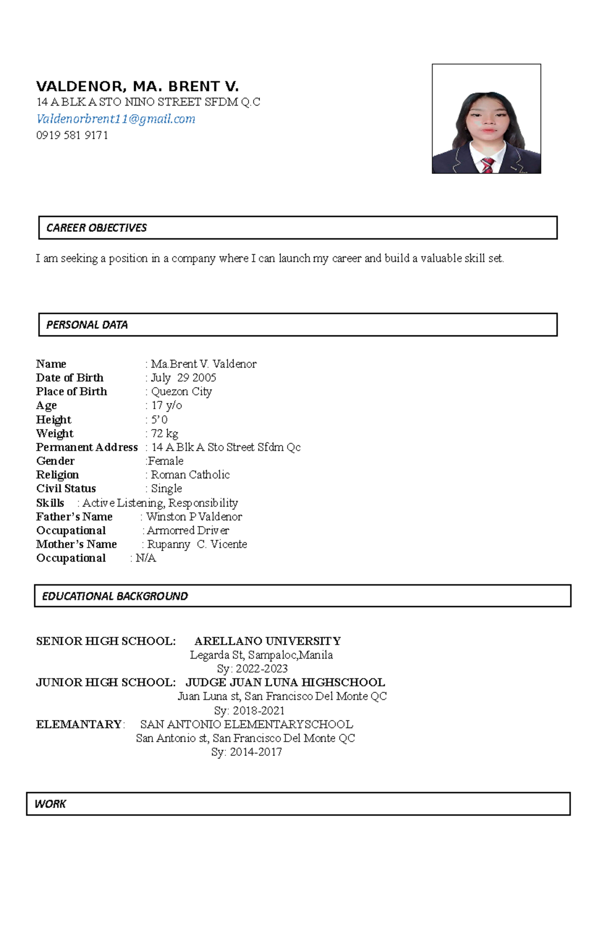 Resume- Format copy - cqwsgbv gvudcf - VALDENOR, MA. BRENT V. 14 A BLK ...