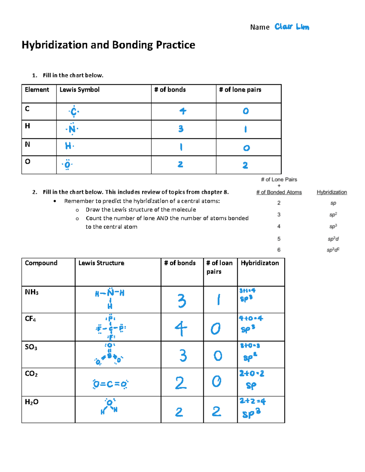 Hybridization Practice Name Hybridization and Bonding Practice 1