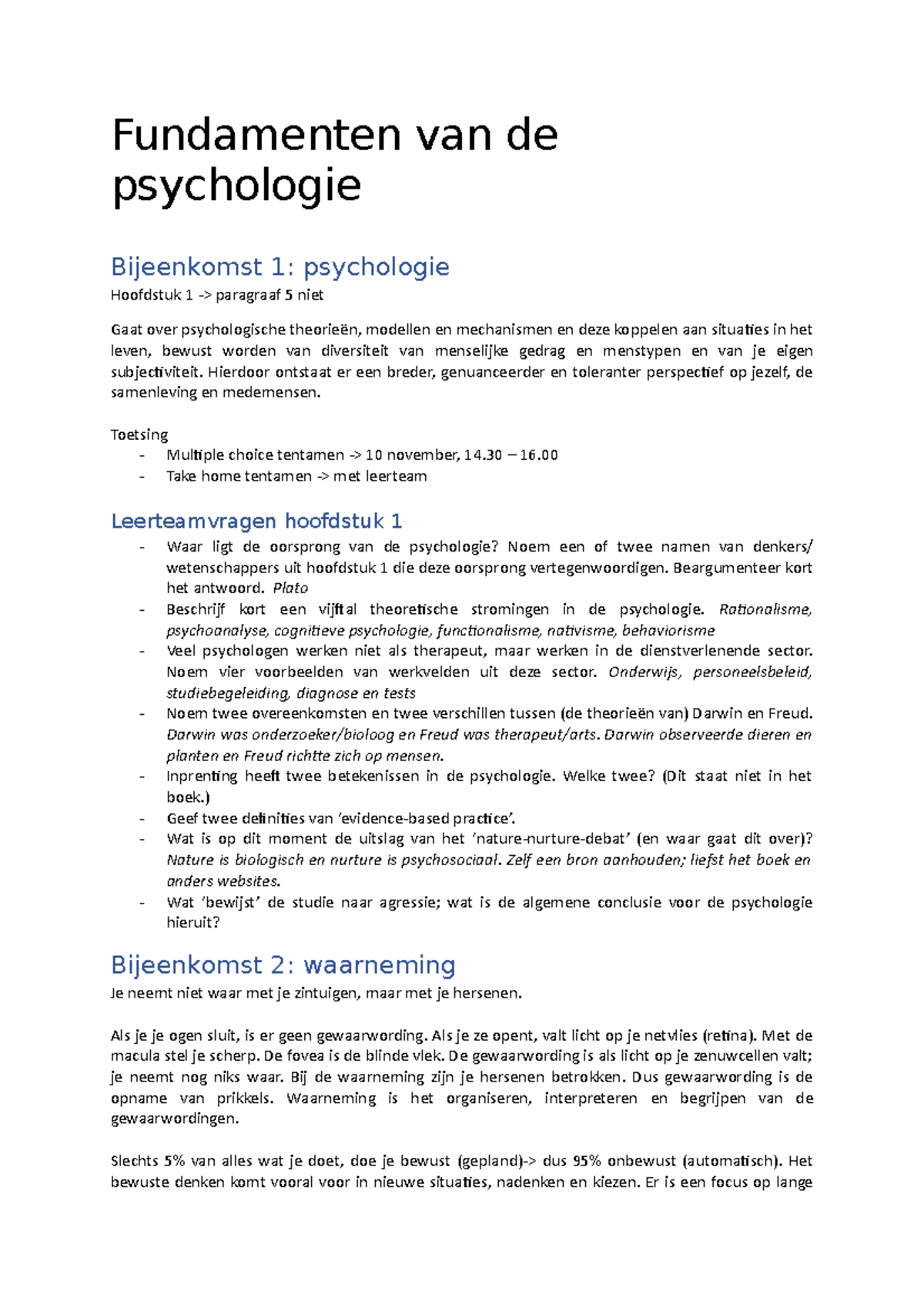 Fundamenten Van De Psychologie: Colleges + H5, 6, 7, 9 - Hogeschool ...